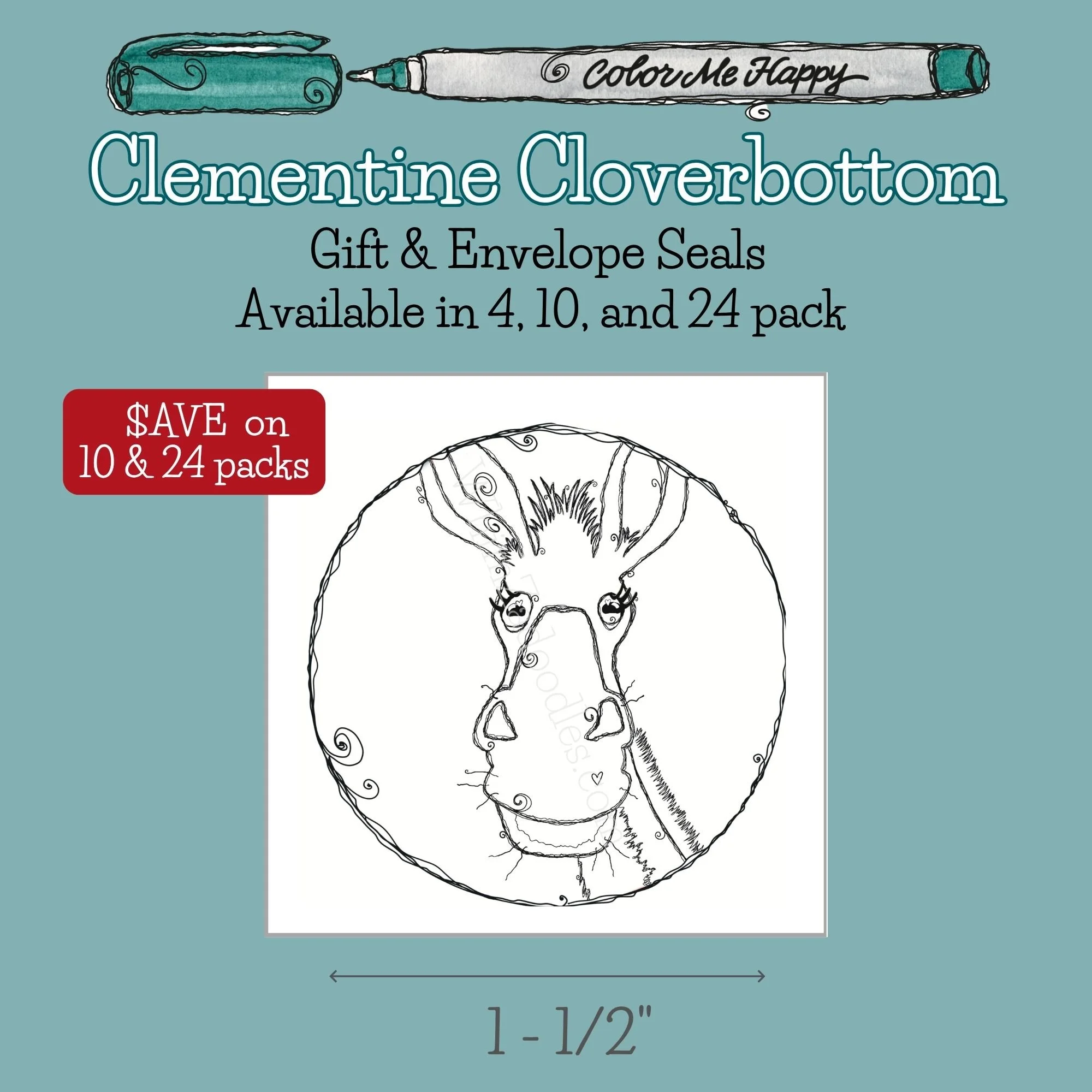 Color Me Happy envelope and gift seals featuring Clementine Cloverbottom donkey line art designed for coloring with markers, pencils, or gel pens.
