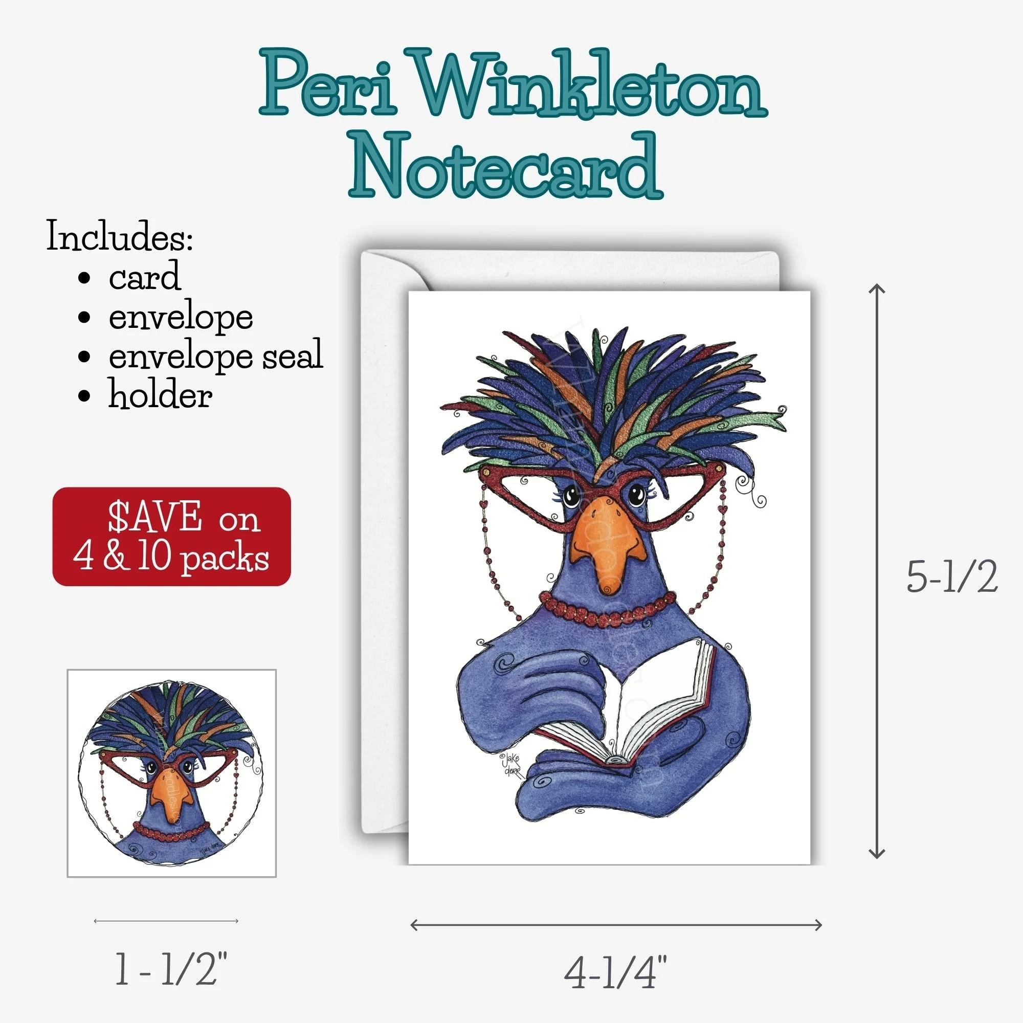 Whimsical Peri Winkleton watercolor notecard featuring a colorful Polish crested chicken wearing red cat-eye glasses and holding a book.