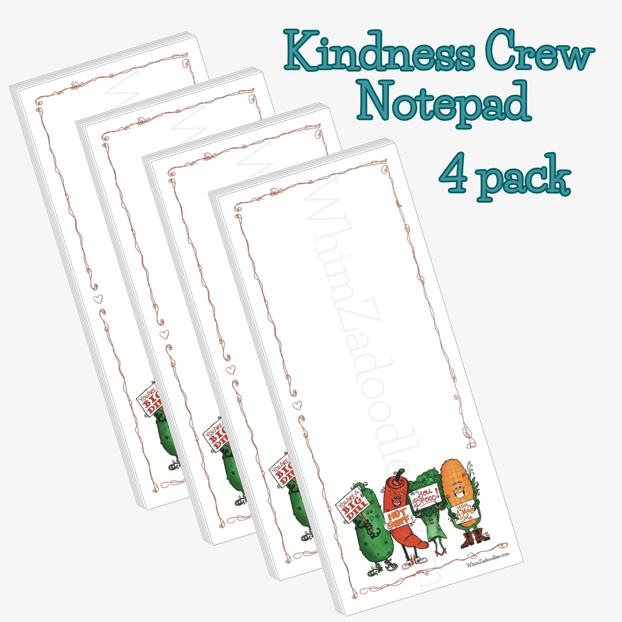 Four kindness crew notepads stacked slightly offset showing repeated colorful design and multiple pads for notes