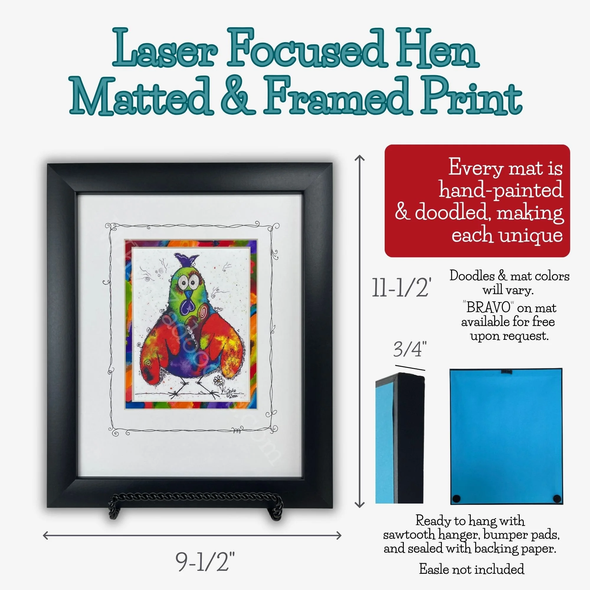 Laser Focused Hen matted and framed vertical art with dimensions, hand-painted colorful mat, doodle details and black frame.