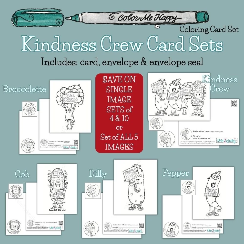 Five Color Me Happy coloring card sets featuring whimsical vegetable characters including Broccolette, Cob, Dilly, Pepper, and the Kindness Crew group card with matching envelopes and seals.