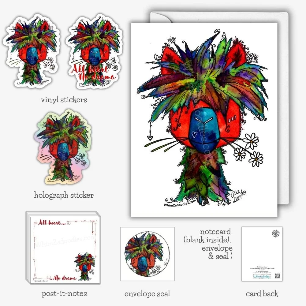 Collection of No Drama Llama watercolor gifts including greeting cards, vinyl stickers, holographic stickers, gift seals, and Post-it Notes featuring uplifting llama artwork.