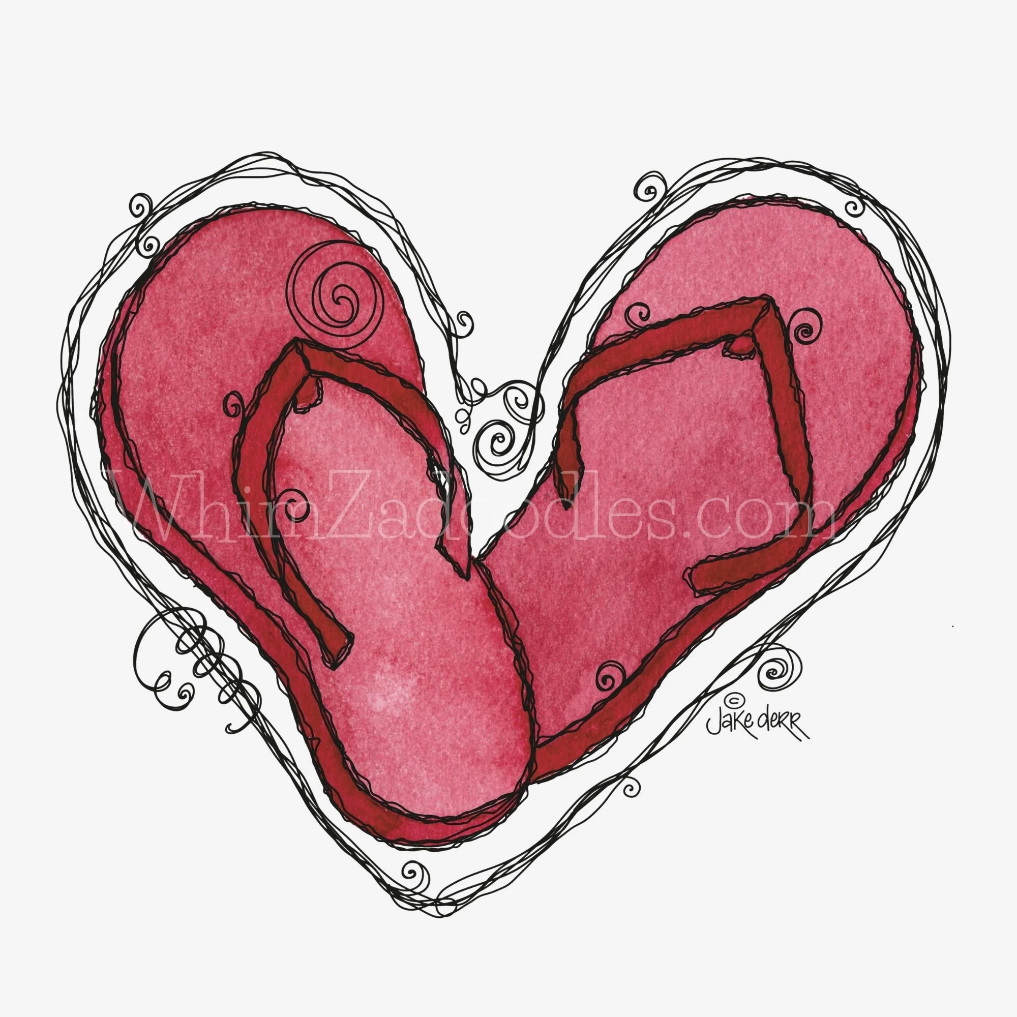 Two red flip flops arranged in a heart shape with whimsical doodle lines, forming a playful envelope seal design
