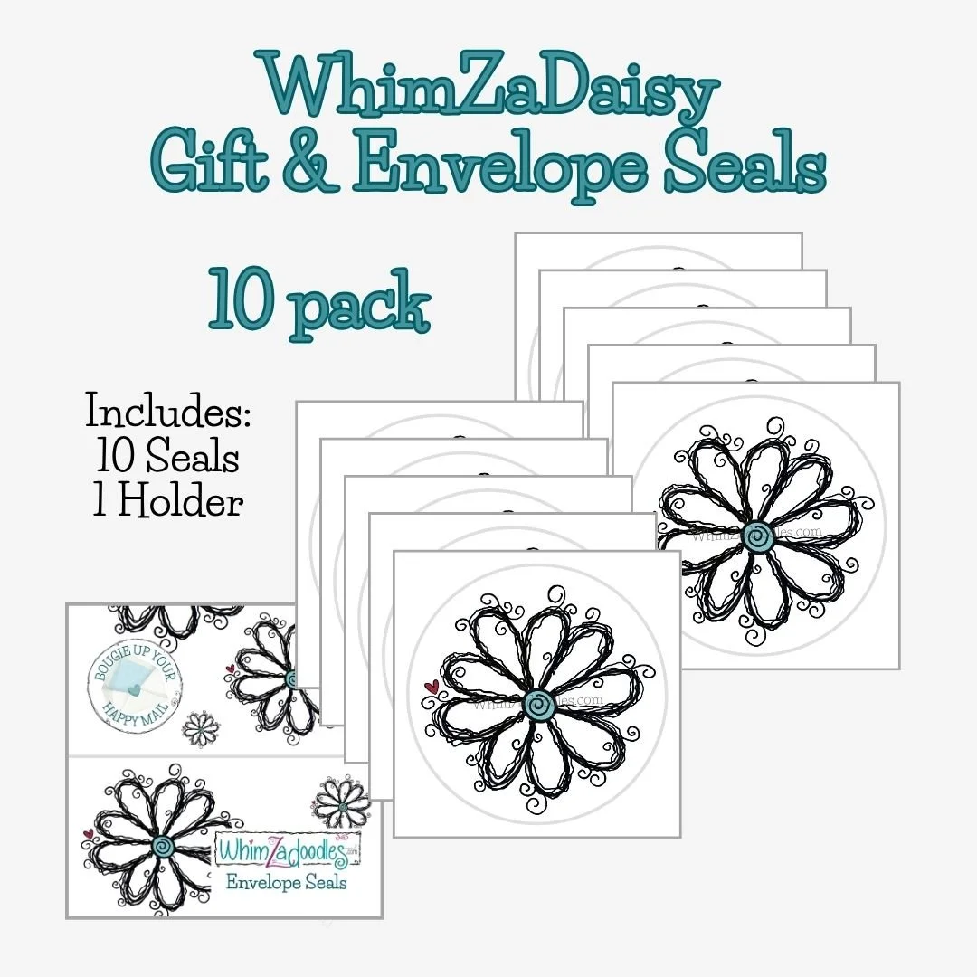 Ten WhimZaDaisy envelope seal stickers with hand-drawn looping petals and spiral center, ideal for journaling, planner decor, and adding charm to envelopes and tags