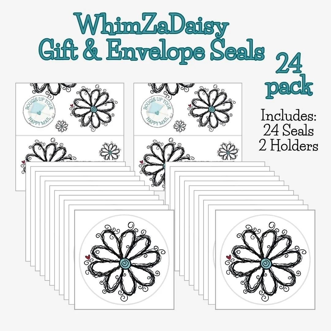 Twenty-four WhimZaDaisy envelope seals in bulk showing signature doodle flower design, perfect for packaging, branding, happy mail, and consistent decorative use