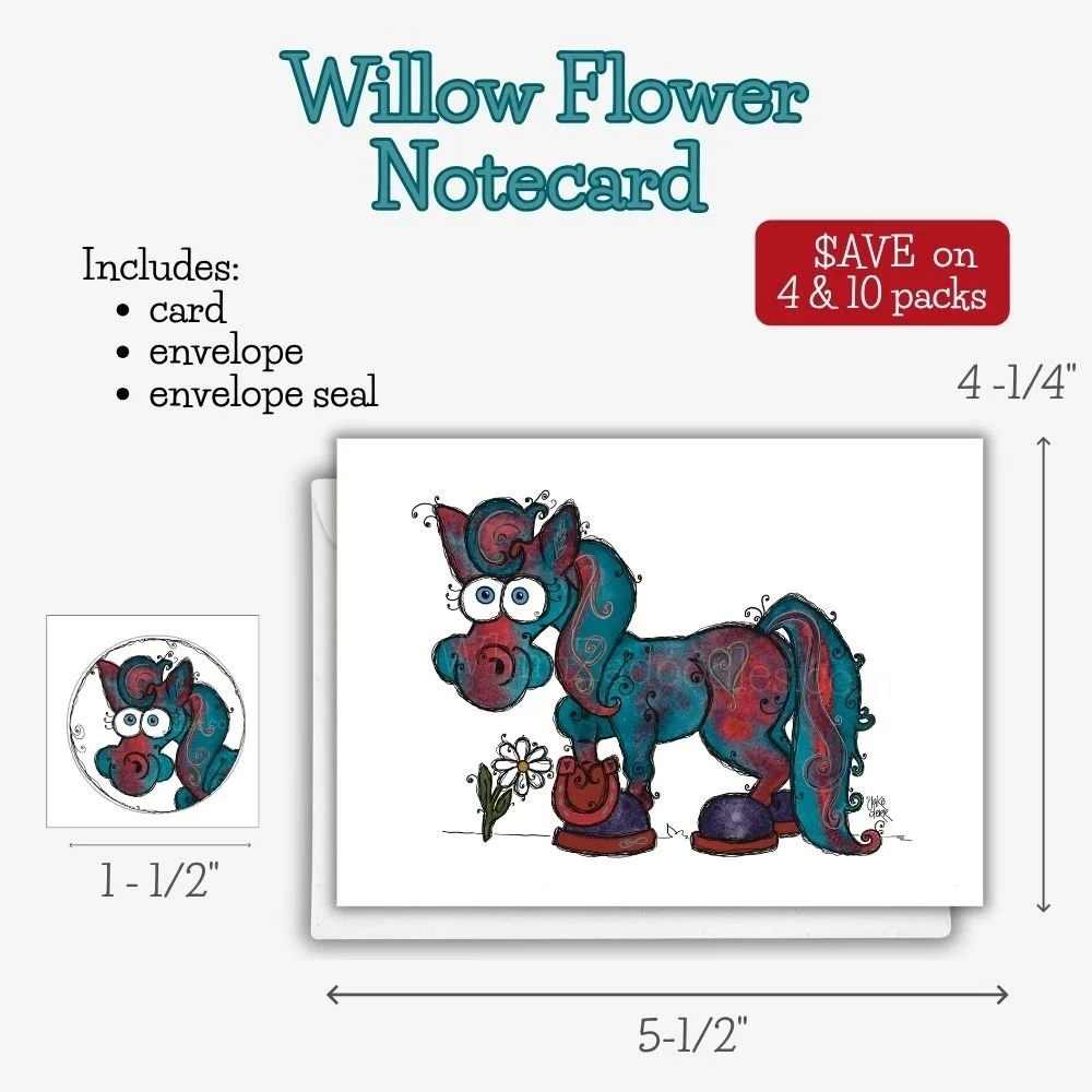 Blank greeting card featuring Willow Flower, a teal watercolor horse with expressive eyes, whimsical swirls, and joyful personality.