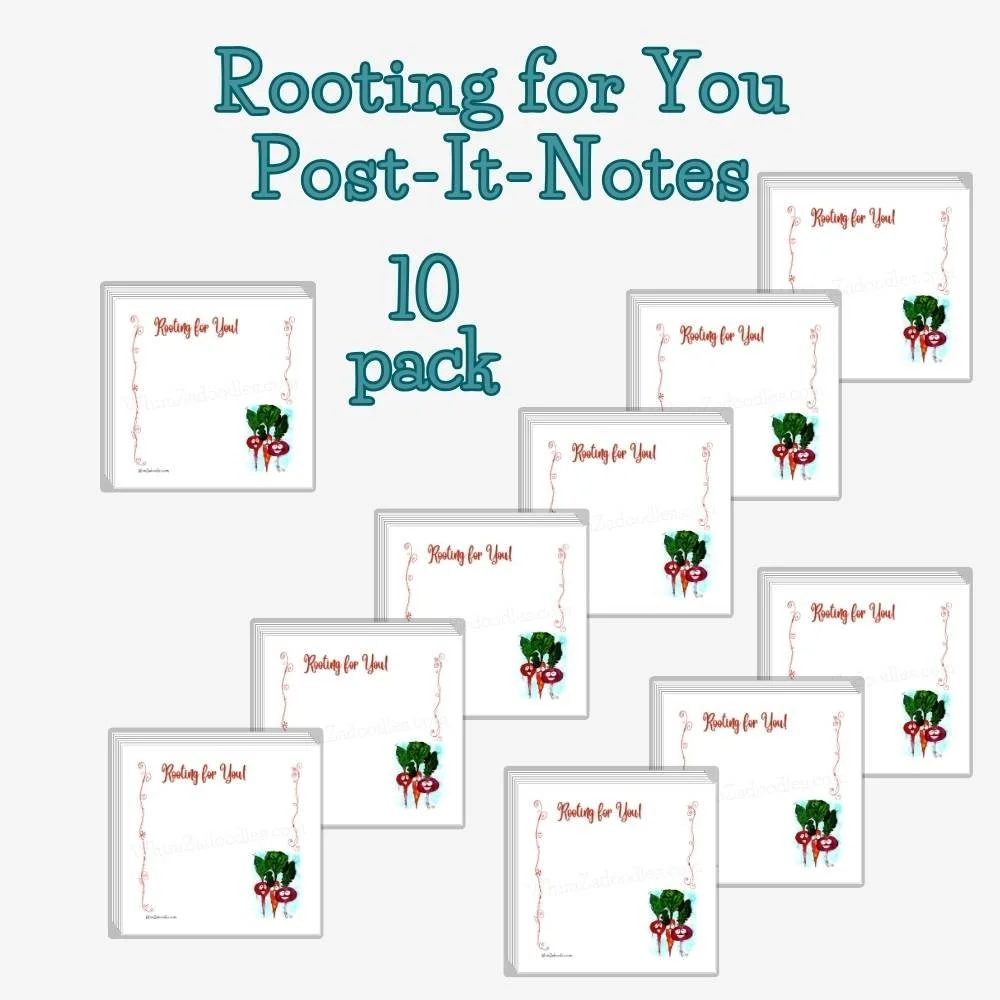 Stack of ten Rooting for You sticky note pads featuring cheerful vegetable characters and a lighthearted encouragement theme