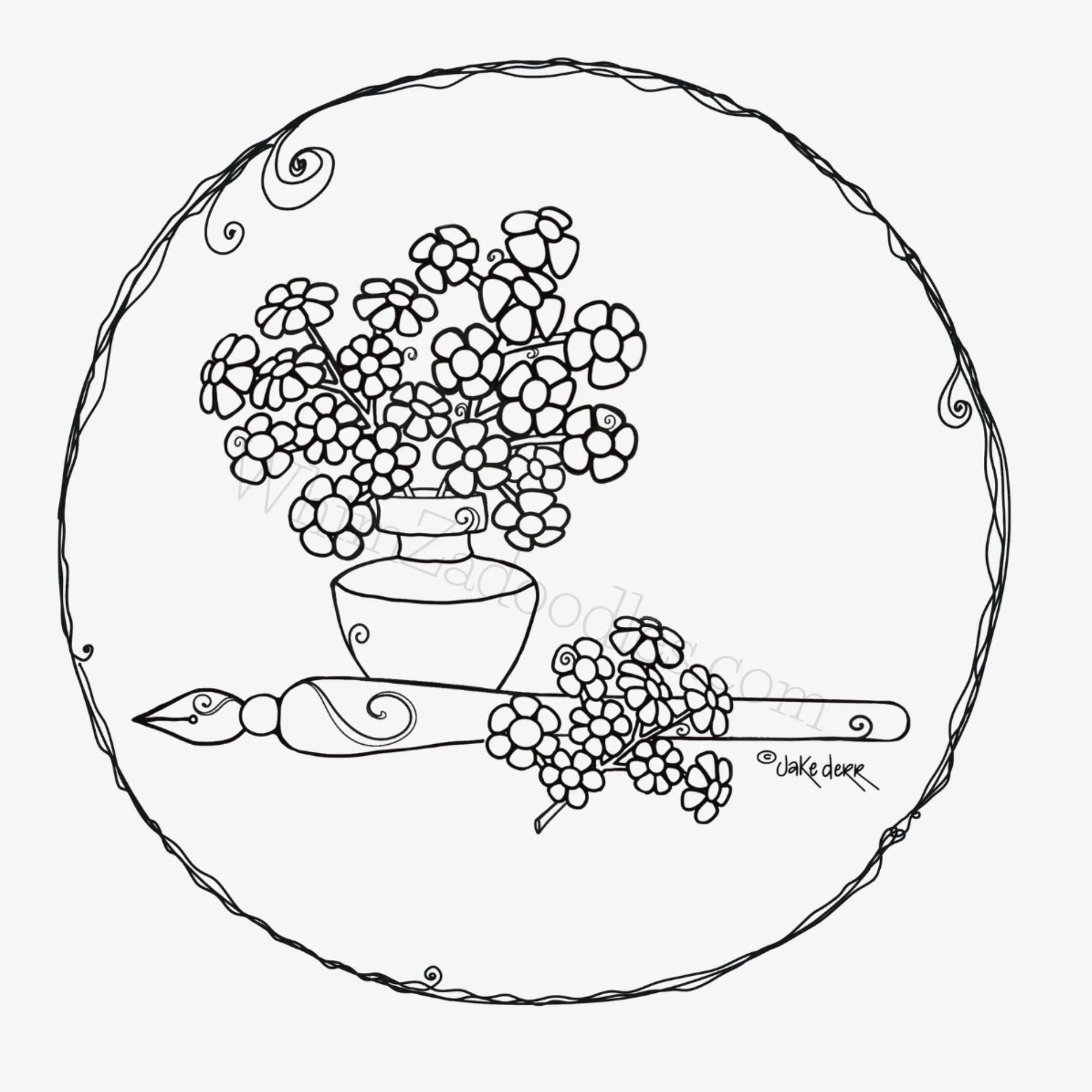 close view of pen and floral line drawing seal