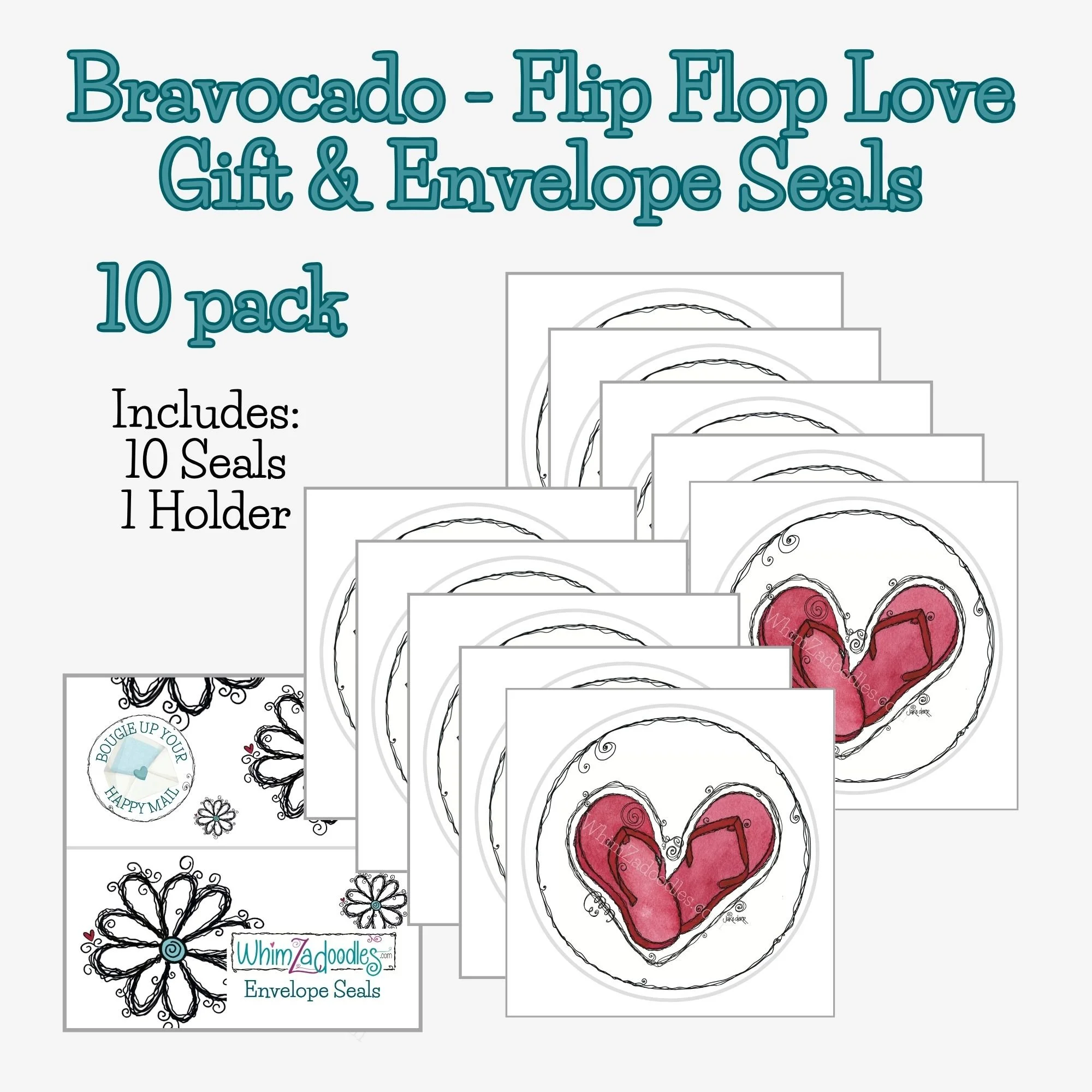 Ten Flip-Flop Love gift and envelope seals grouped together, along with a whimzadoodle branded holder for organization