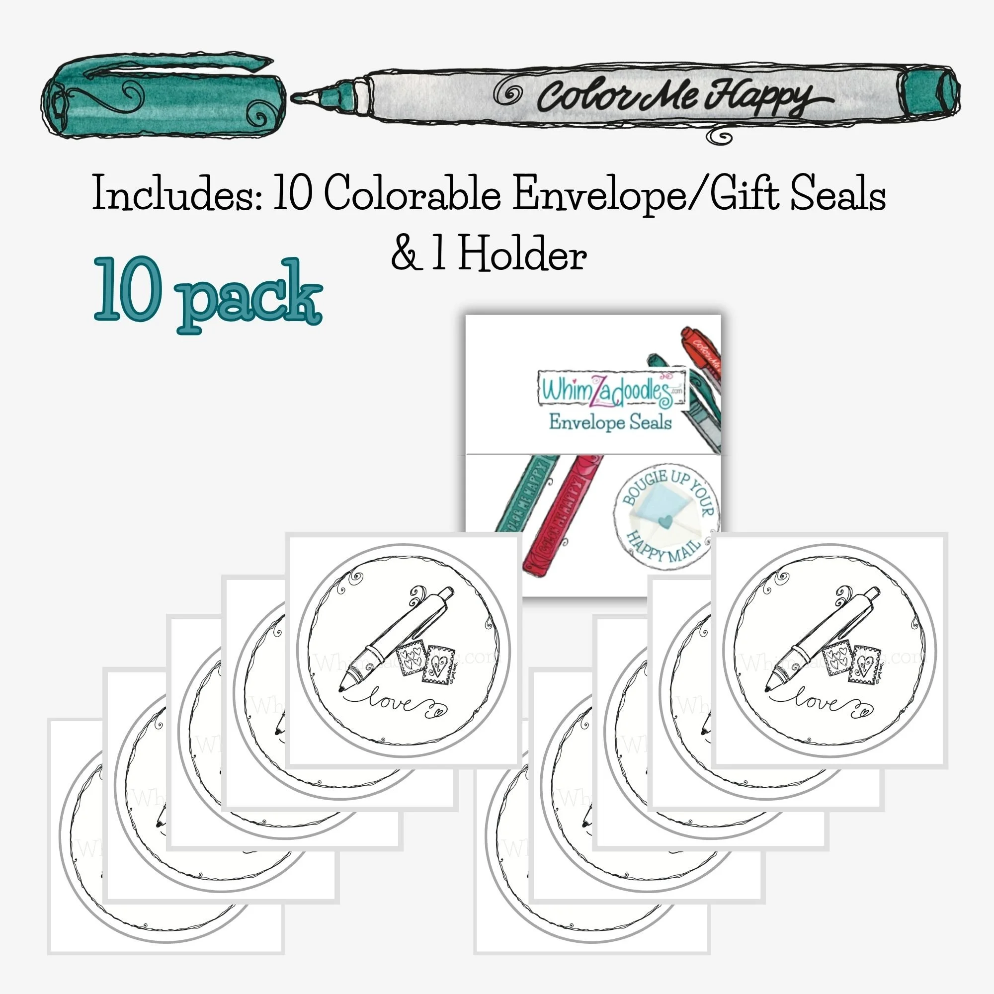 Ten pen and stamps envelope seal stickers featuring handwritten love script, ideal for happy mail, journaling, and letters