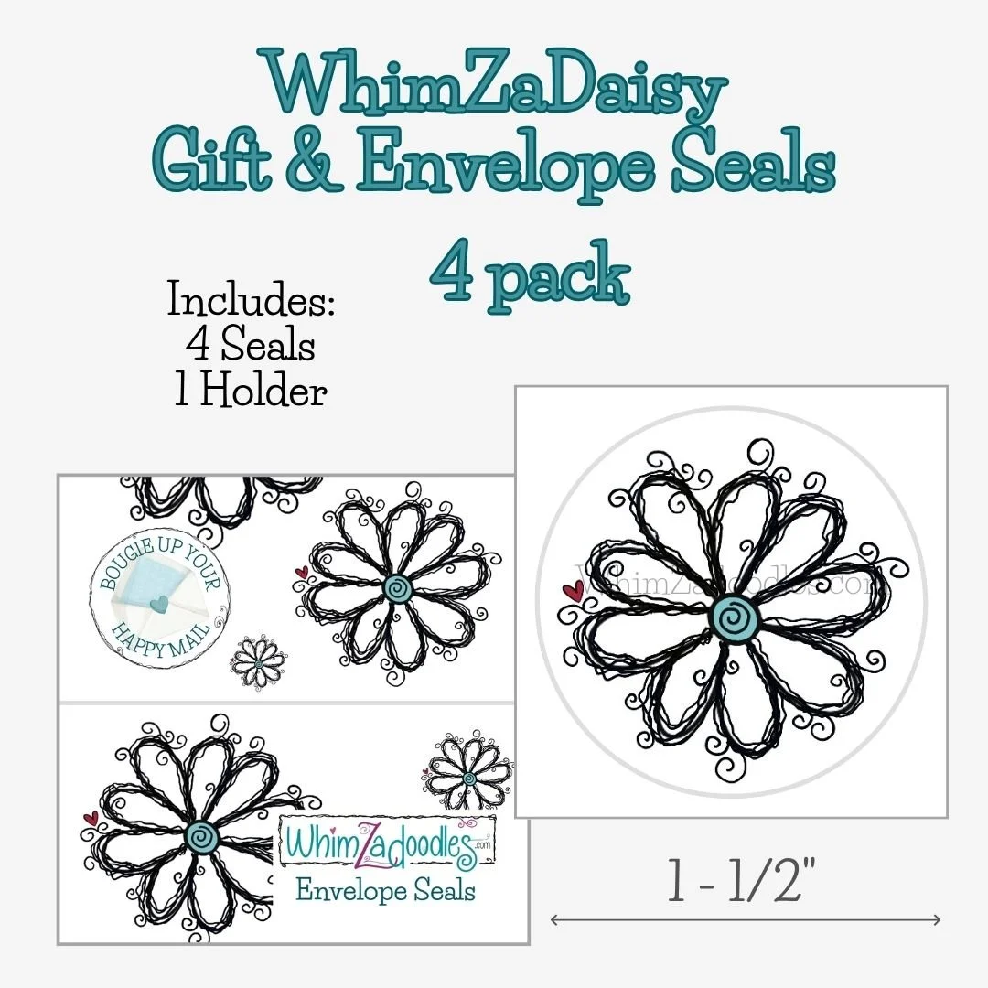 Four WhimZaDaisy envelope seals featuring a whimsical doodle flower with curly line petals and teal spiral center, used for sealing happy mail and decorating gift wrap