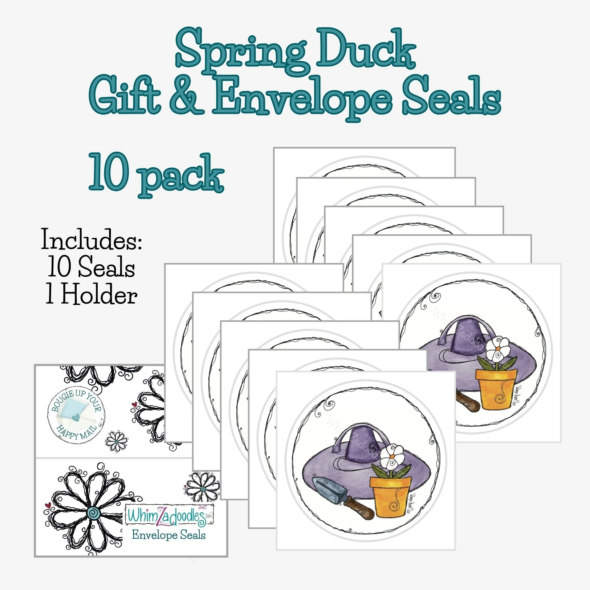 Ten-pack of envelope seals showing sun hat, flower, and trowel, playful watercolor design