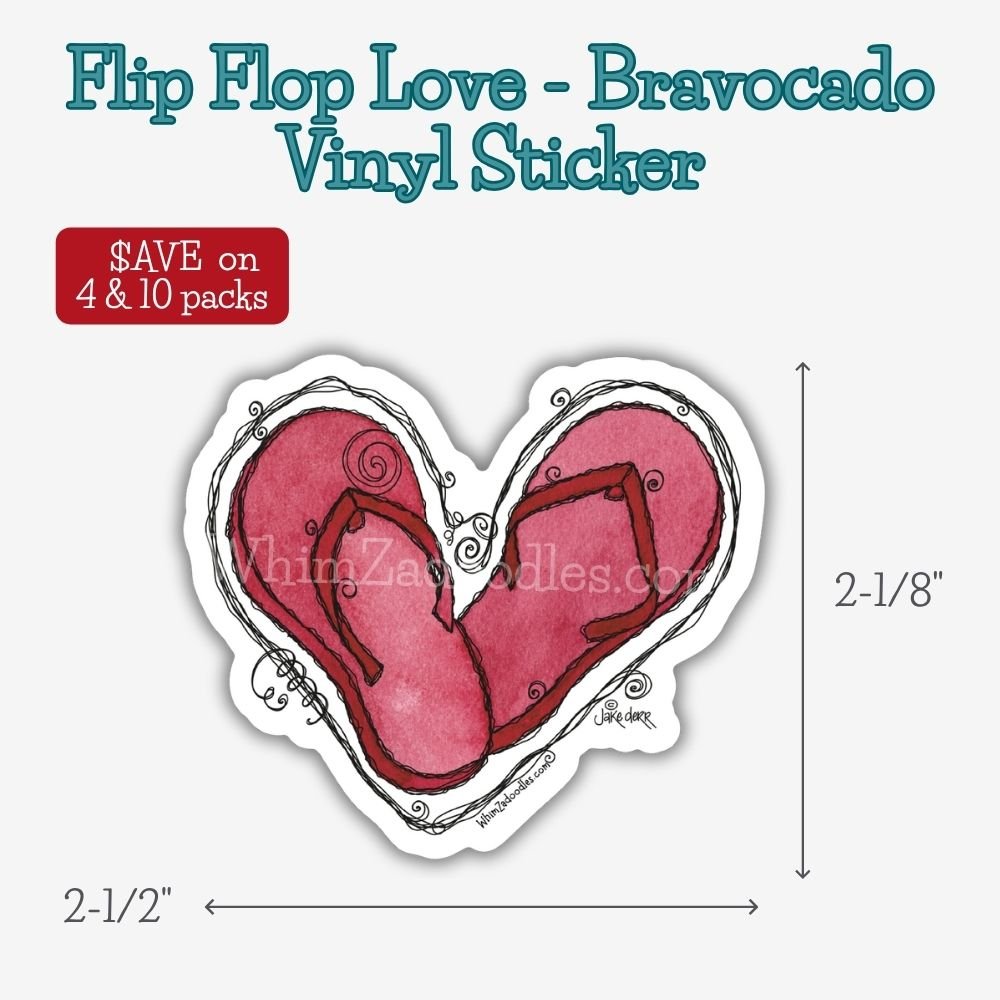 Whimsical Flip Flop Love waterproof vinyl sticker featuring heart shaped flip flops in watercolor, perfect for beach lovers, summer gifts and happy mail.