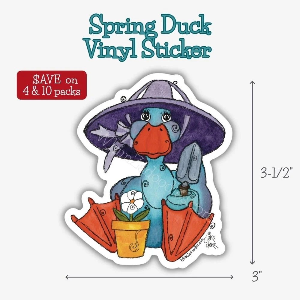 Durable waterproof vinyl sticker featuring Spring Duck, a sweet watercolor duck surrounded by springtime charm, perfect for water bottles, laptops, journals, planners, and garden gifts.