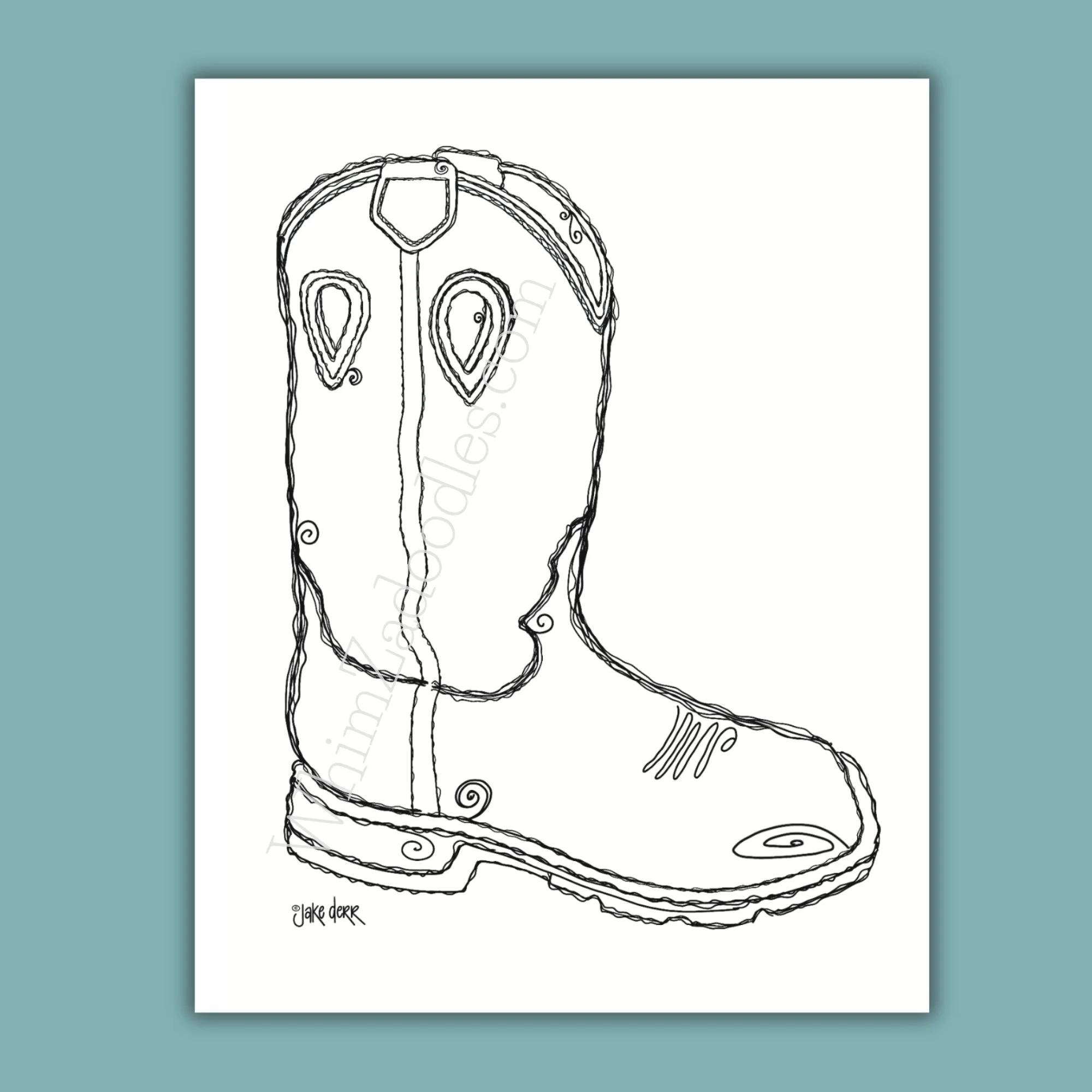 Black and white cowboy boot coloring card featuring whimsical doodle details designed for creative coloring, relaxation, and handmade Happy Mail.