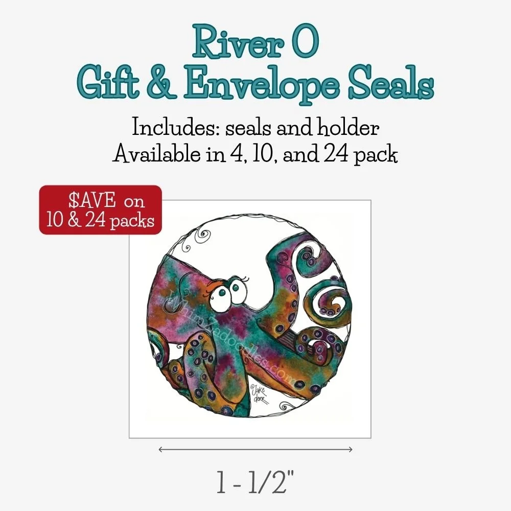 Round River O octopus envelope and gift seal designed to add a playful ocean-inspired touch to cards, packages, and Happy Mail.