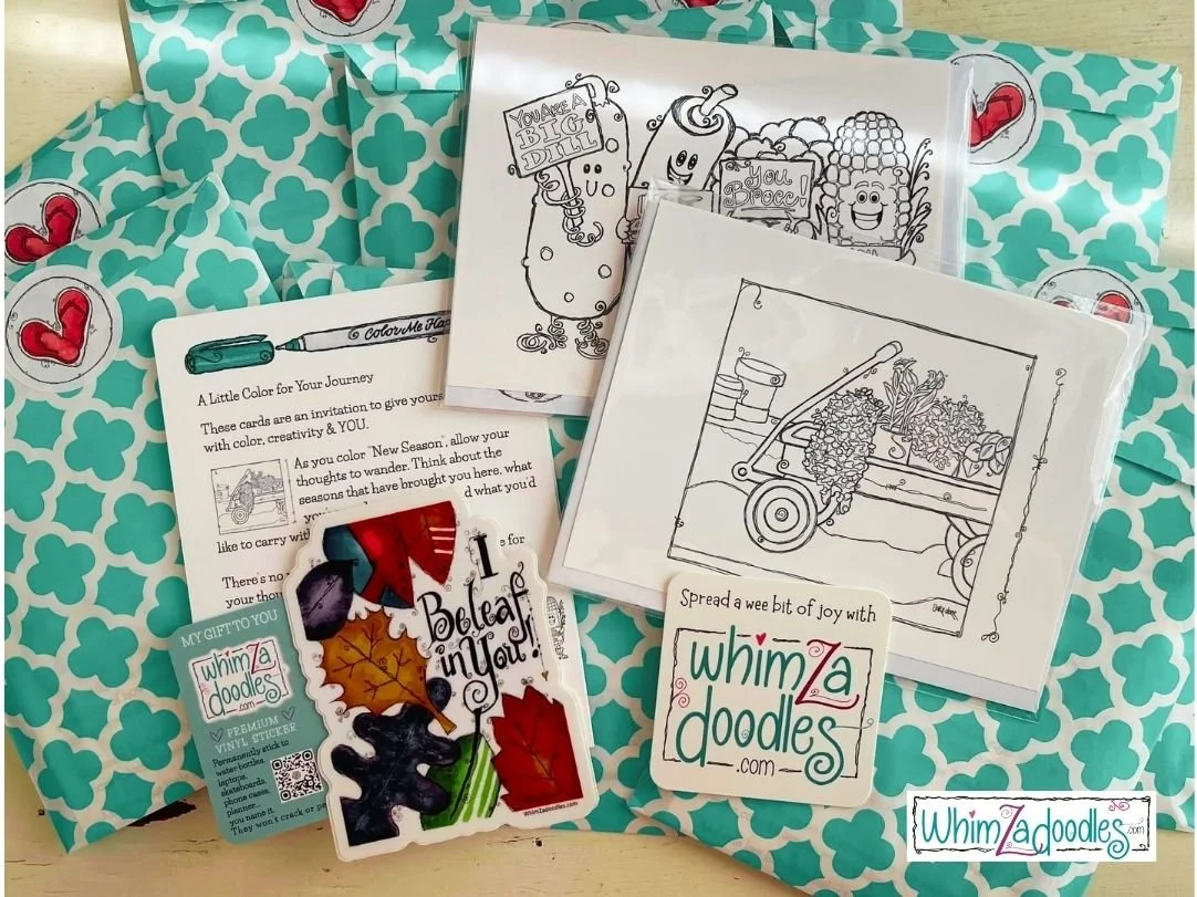 Color Me Happy women’s retreat gift bundles with New Season of Life and Kindness Crew coloring cards, a Beleaf in You sticker, and encouragement card.