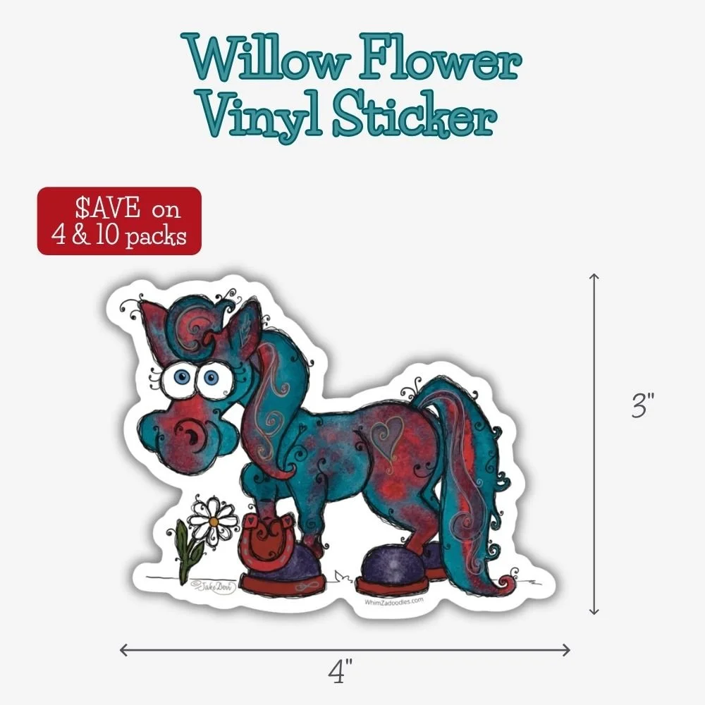 Large waterproof vinyl sticker featuring Willow Flower, a whimsical teal watercolor horse with expressive eyes, purple hooves, and flowing doodled mane and tail.