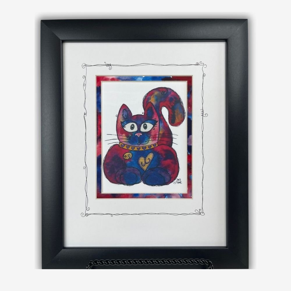 Heart of gold cat watercolor art with colorful hand-painted and doodled mat in a matte black frame.