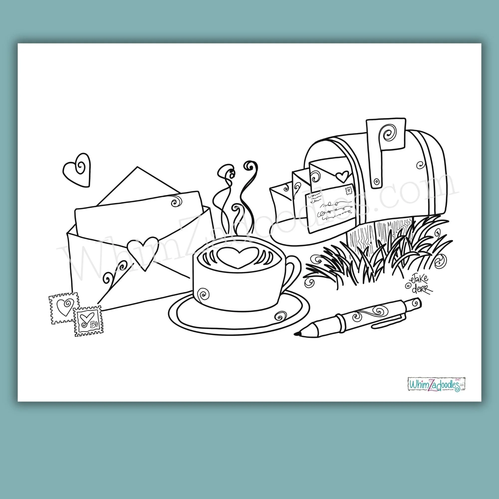 Color Me Happy Sending Happy Mail coloring card featuring a cheerful mailbox, envelope, coffee cup, and flowers ready to color.