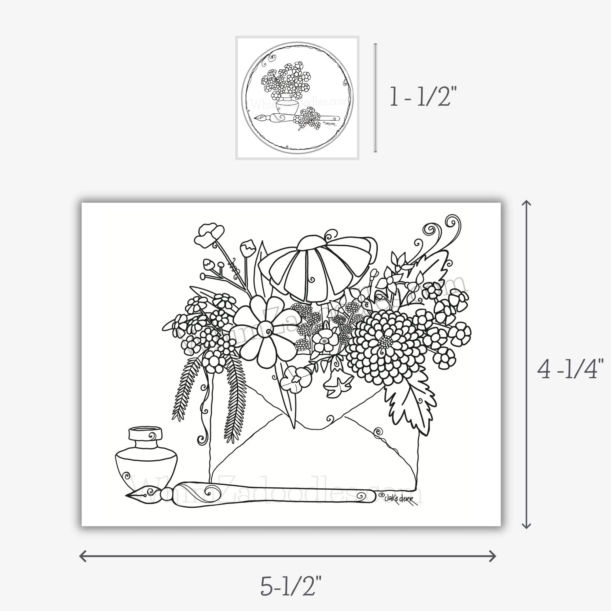 measurement layout showing dimensions of floral coloring card, envelope, and circular seal with labeled sizing
