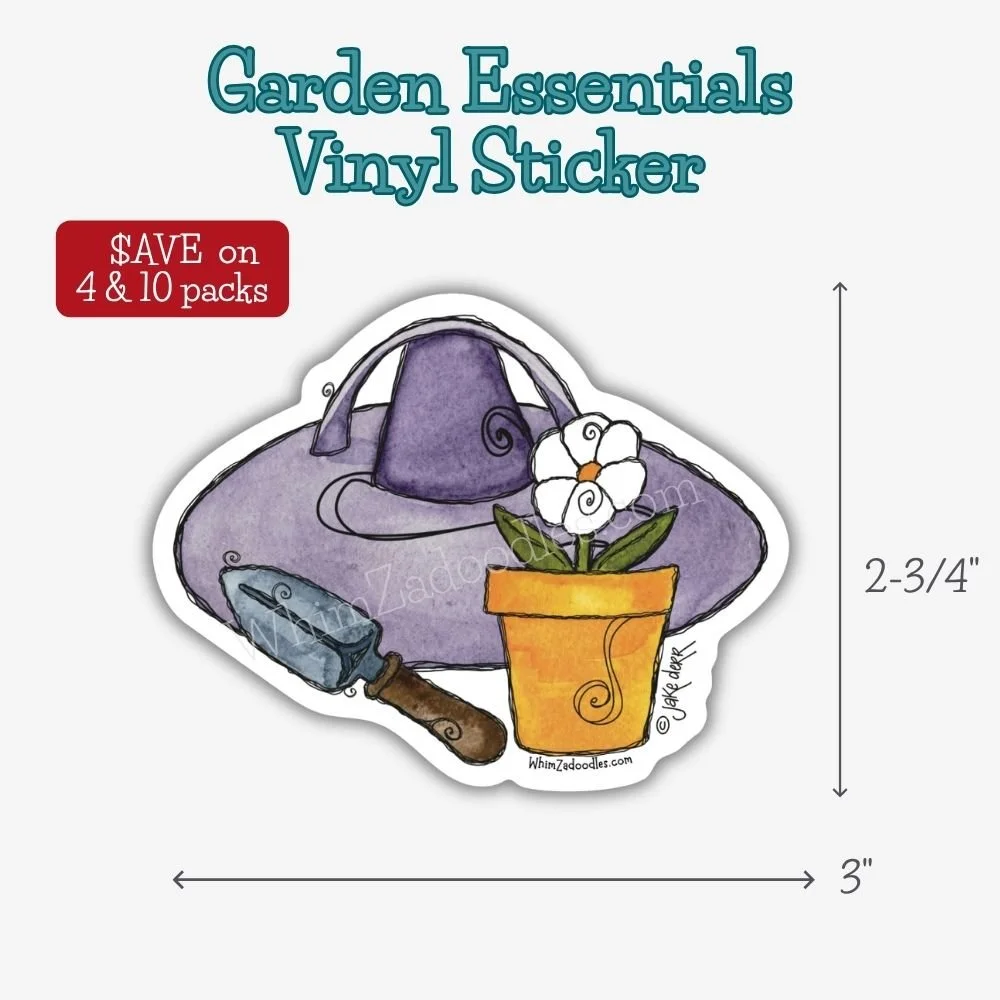 Waterproof vinyl sticker featuring Spring Duck's gardening essentials including a flower hat, hand trowel, and blooming flower pot, perfect for gardeners, plant lovers, and spring decorating.