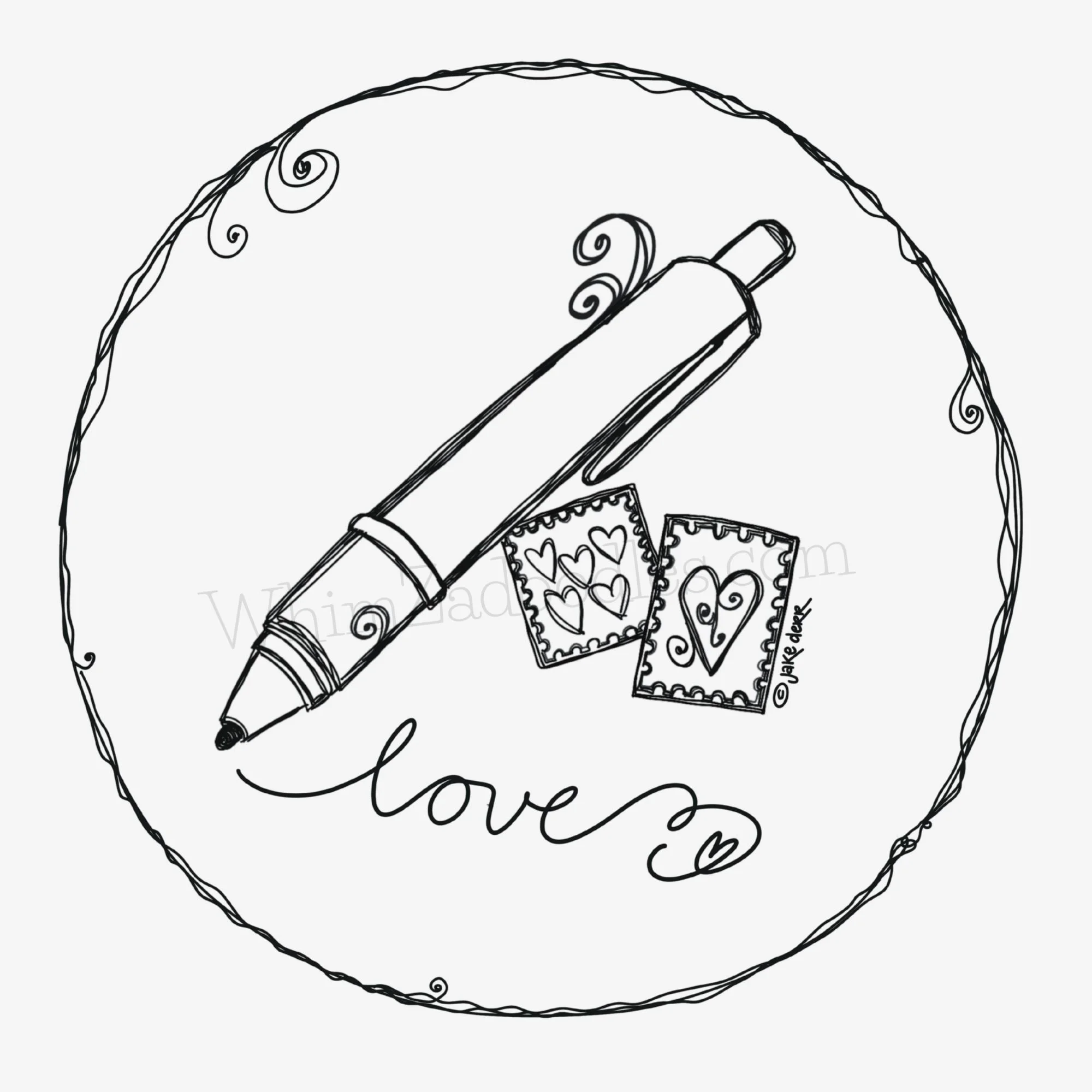 Close up of round envelope seal with hand drawn pen, two heart stamps, and cursive love inside decorative circle border