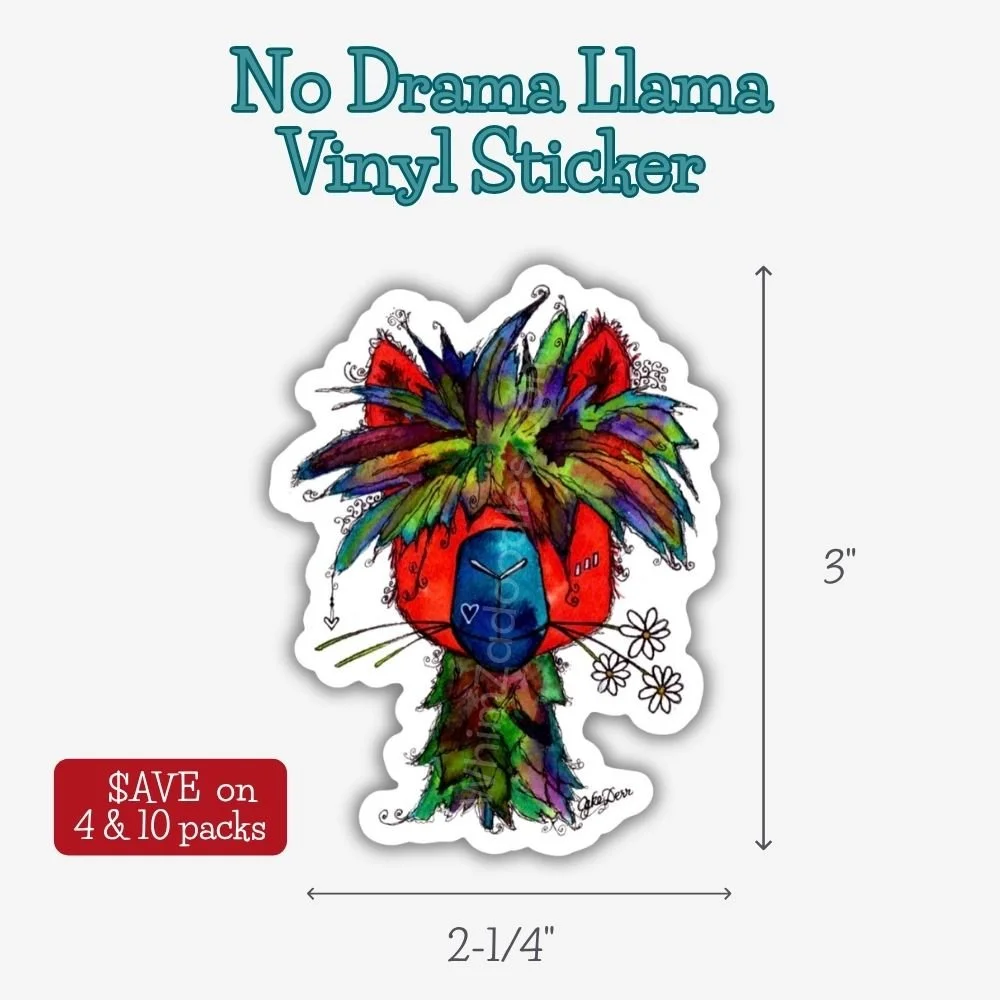 Durable waterproof No Drama Llama vinyl sticker featuring cheerful watercolor llama art for laptops, water bottles, journals, planners, and happy mail gifts.