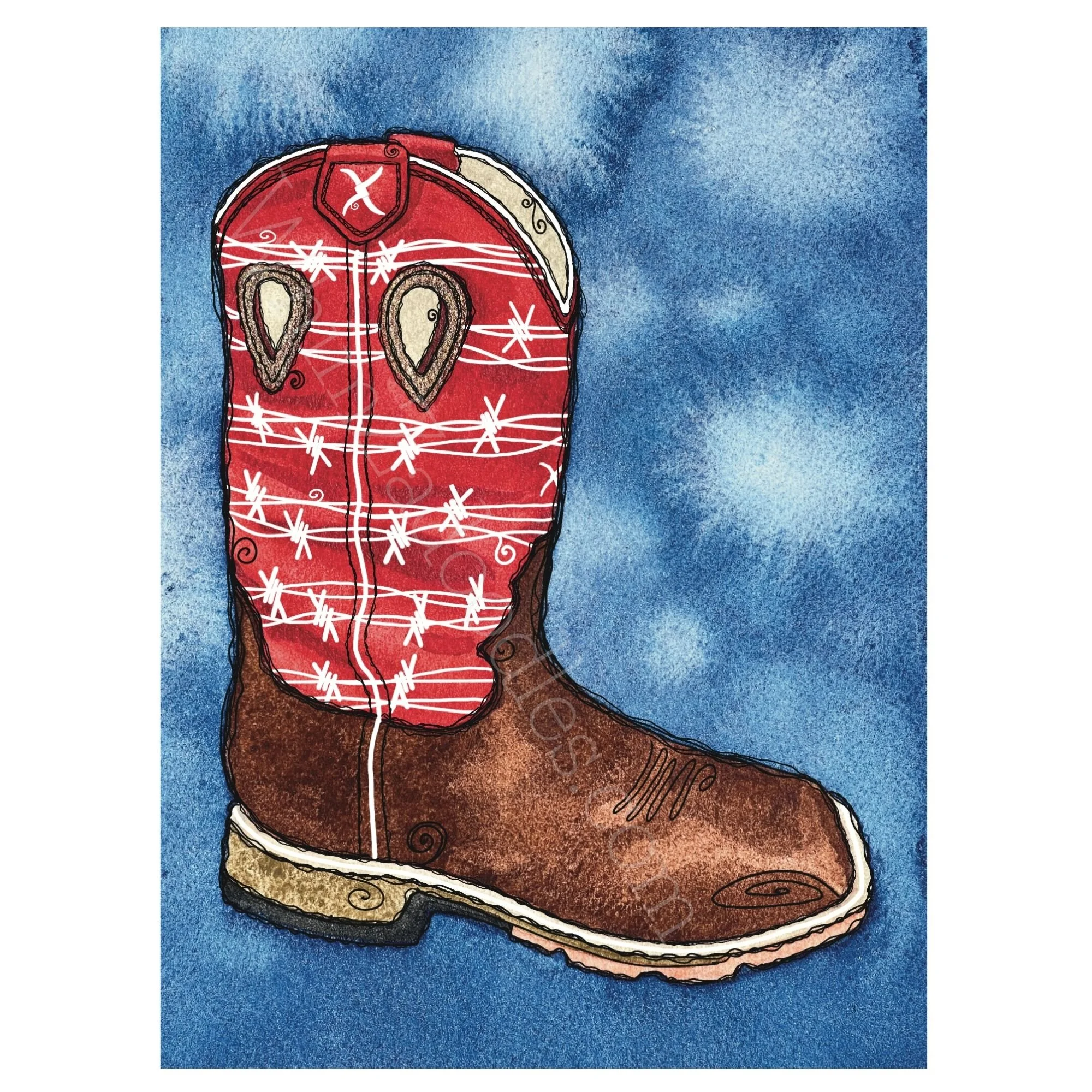 Original watercolor painting of a whimsical cowboy boot with doodled western details, red patterned boot shaft, and textured blue background.