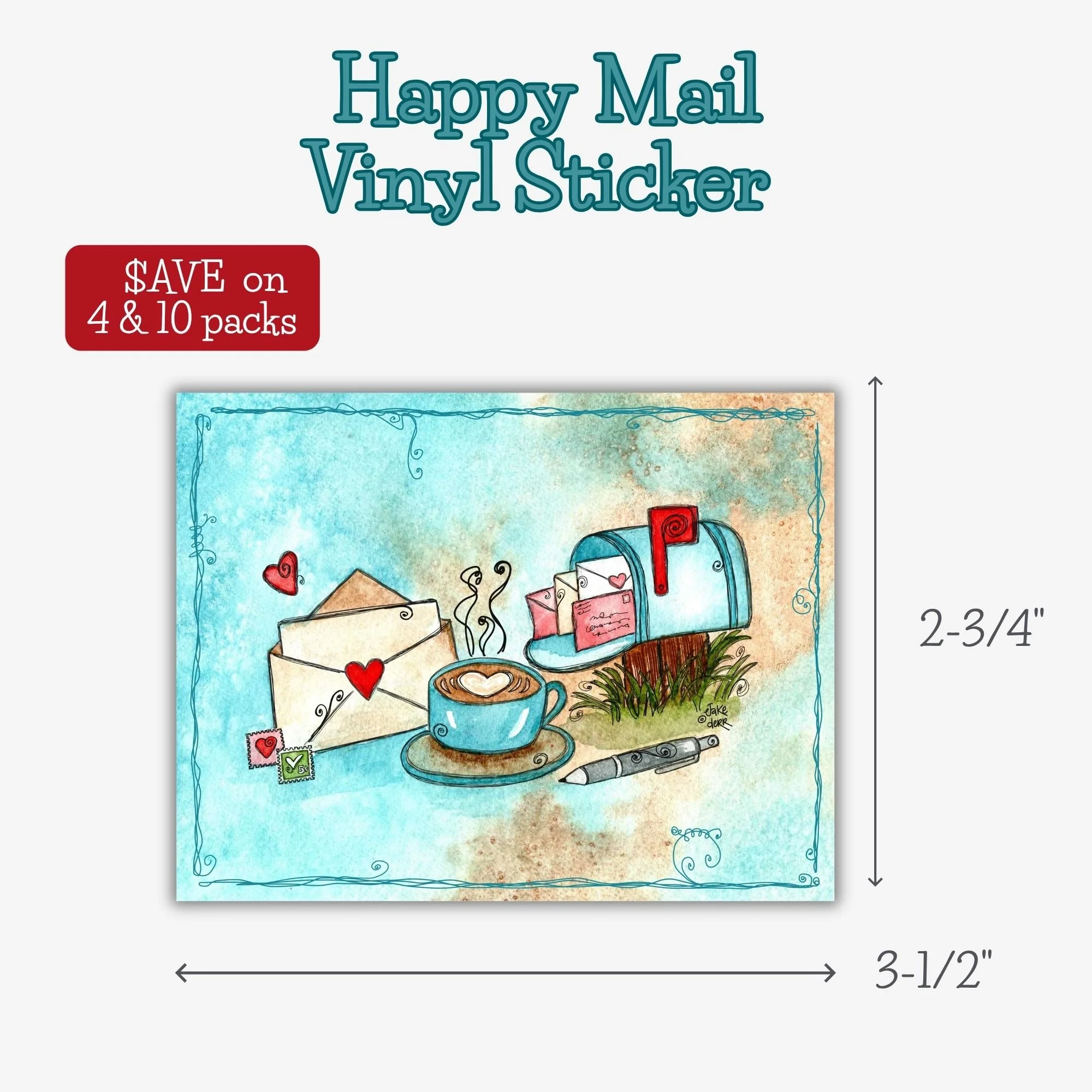 Rectangle sticker with doodle border featuring Sending Happy Mail mailbox artwork and cheerful correspondence theme.