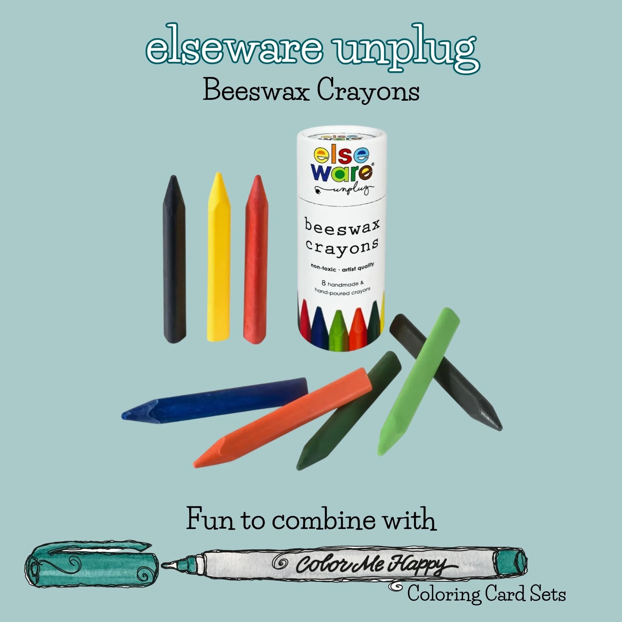 Set of eight natural beeswax crayons in a reusable cardboard tube for coloring cards, crafts, and creative play.