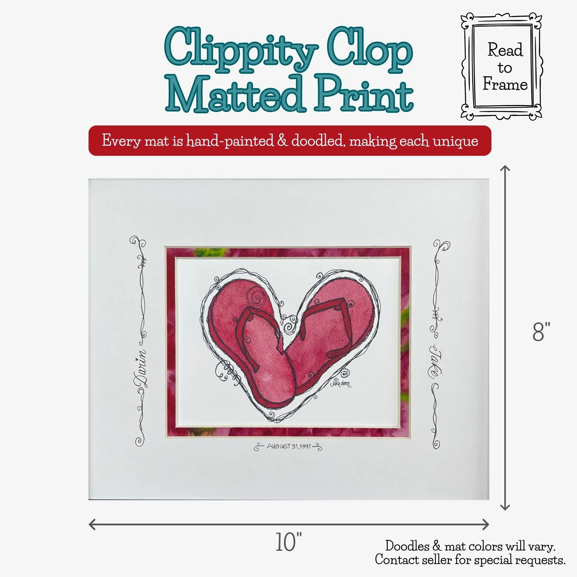 Flip Flop Love watercolor print matted and ready to frame, with dimensions and colorful hand-painted and hand-doodled mat details.