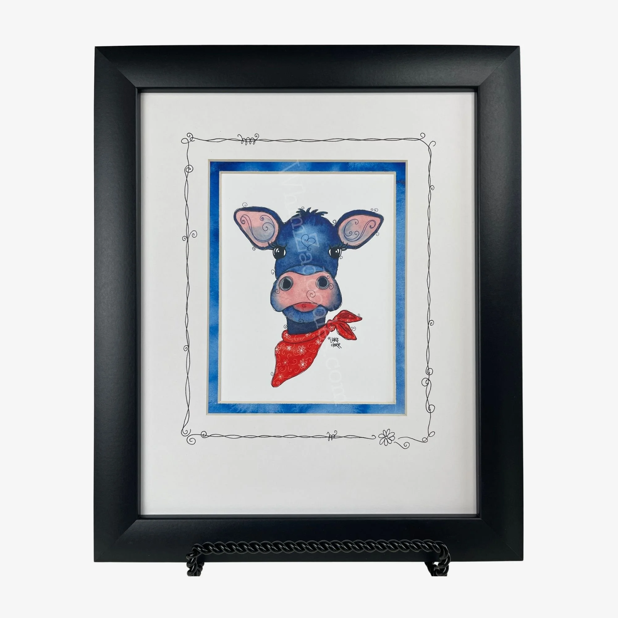 MaiZie Moo colorful watercolor calf art with a hand-painted and doodled mat, displayed in a simple matte-black frame.