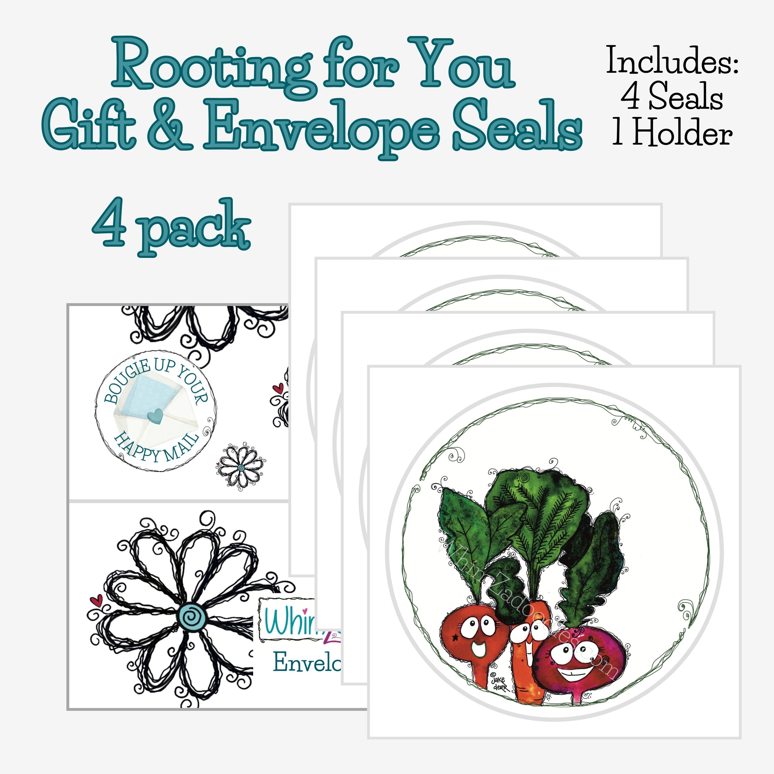 Set of 4 Rooting for You envelope seals with holder. A cheerful finishing touch for thoughtful mail and handwritten notes