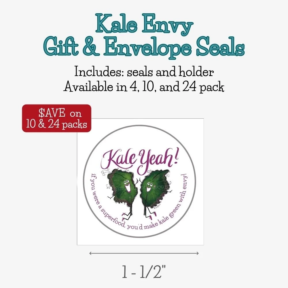 Round gift and envelope seal featuring the cheerful Kale Yeah watercolor kale leaves. Perfect for happy mail, gifts, and packaging.