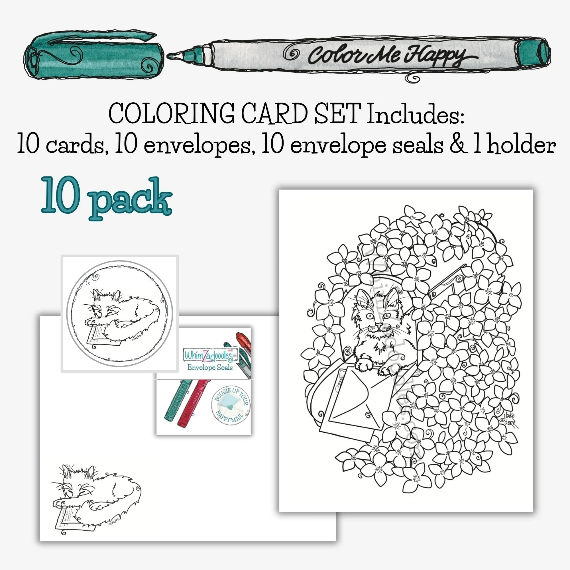 ten count creative card kit featuring kitten floral designs with envelopes and seals arranged in bulk set