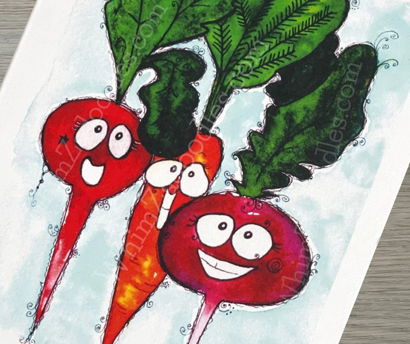 Close-up of cheerful watercolor vegetable characters from the “Rooting for You” design, featuring playful doodle details and an uplifting encouragement message.