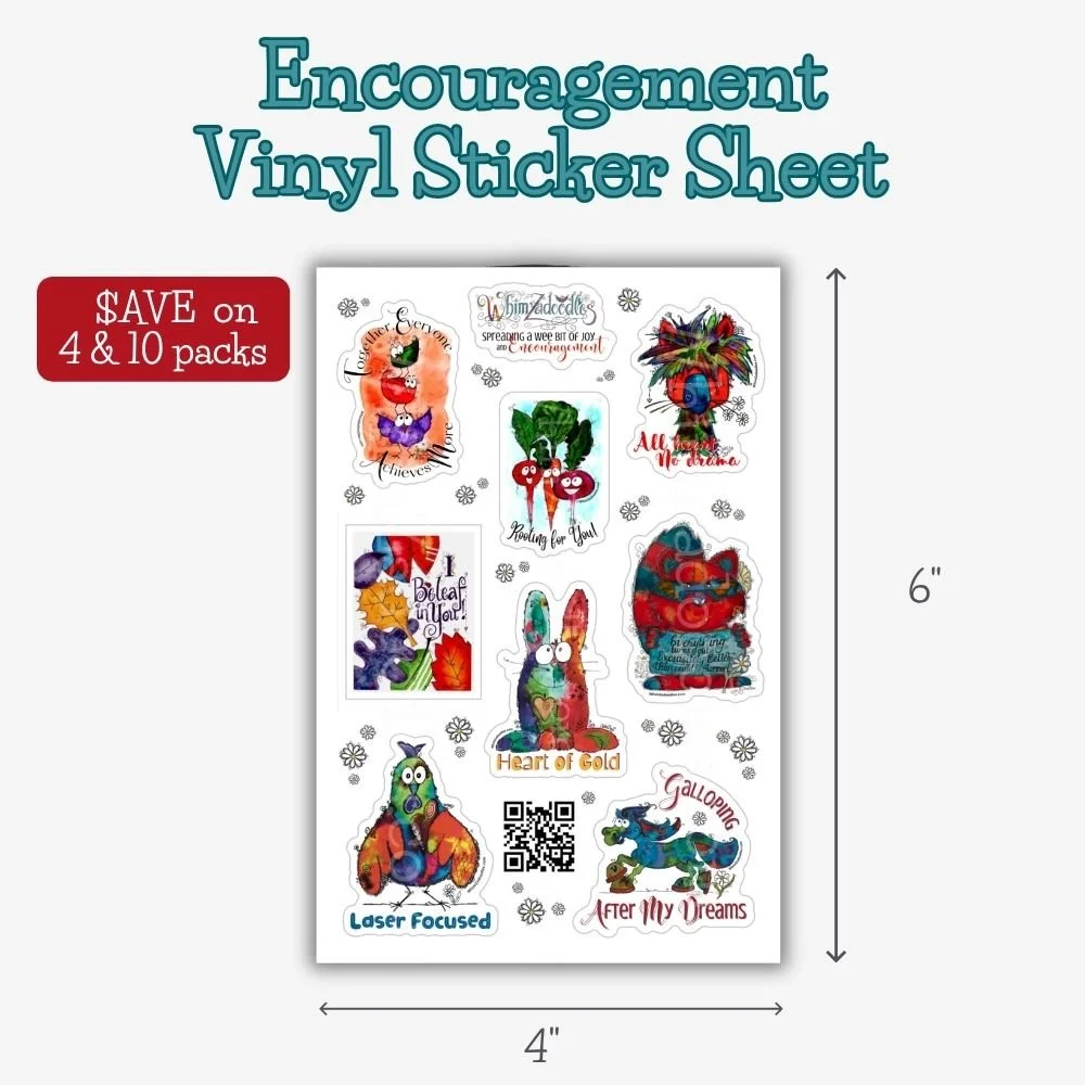 Encouragement sticker sheet available in single, 4-pack, and 10-pack options, featuring whimsical watercolor artwork and uplifting messages for sharing kindness.