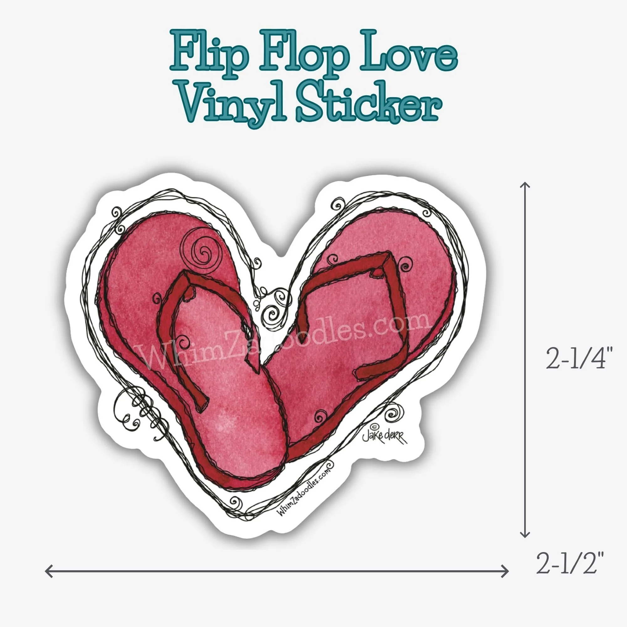 Die cut vinyl sticker featuring bright watercolor flip flops shaped into a heart with whimsical doodle accents.