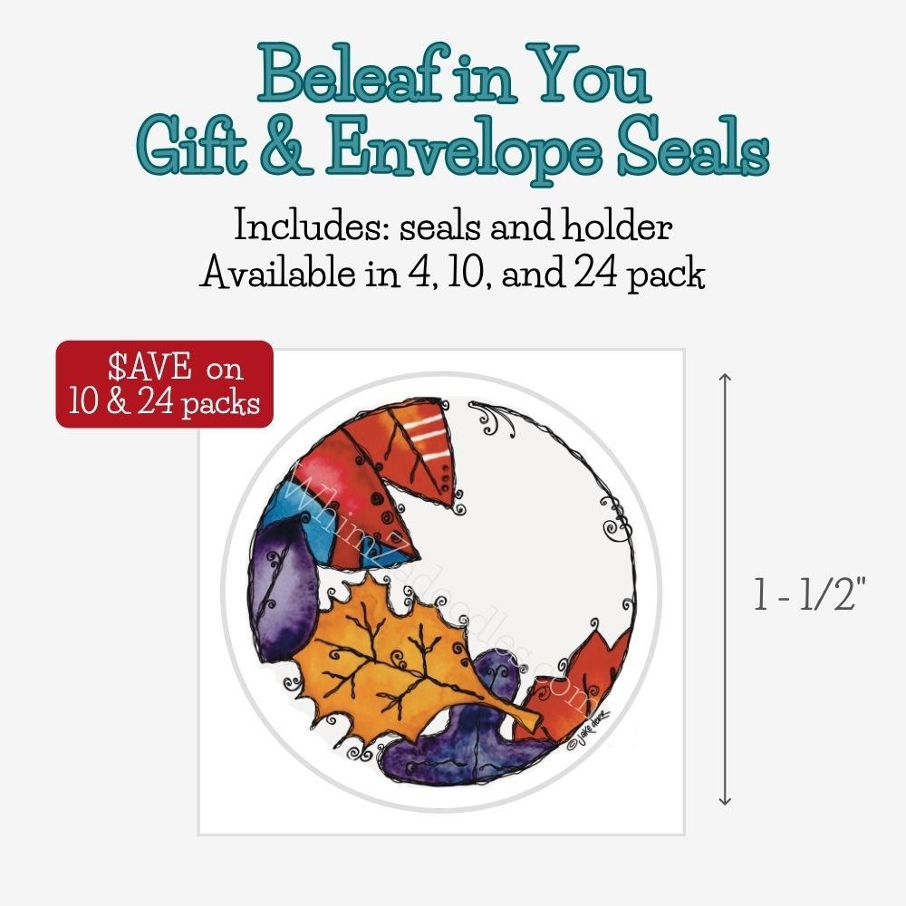 Round watercolor Beleaf in Yourself envelope and gift seal featuring a cheerful houseplant, adding a thoughtful finishing touch to cards, packages, and gifts.