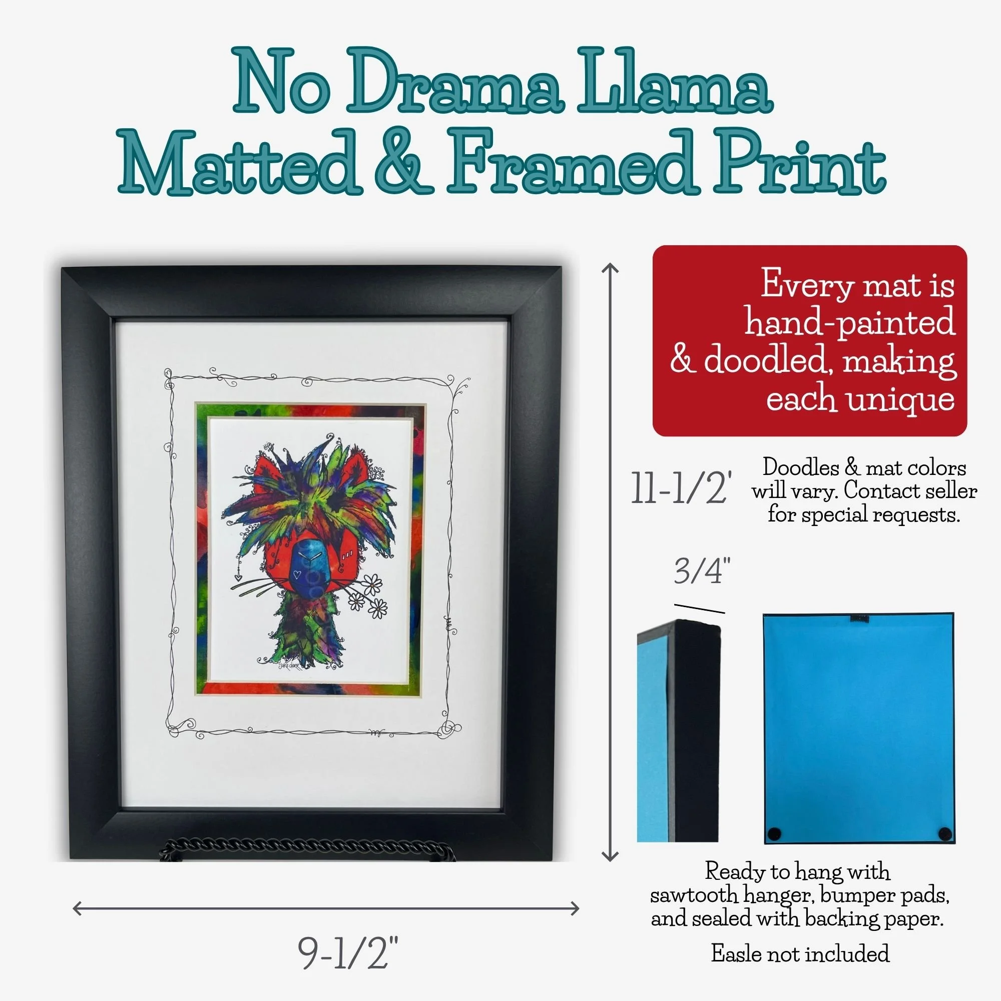 No Drama Llama matted and framed art shown with dimensions and frame depth, featuring a hand-painted coordinating mat and original doodled details.