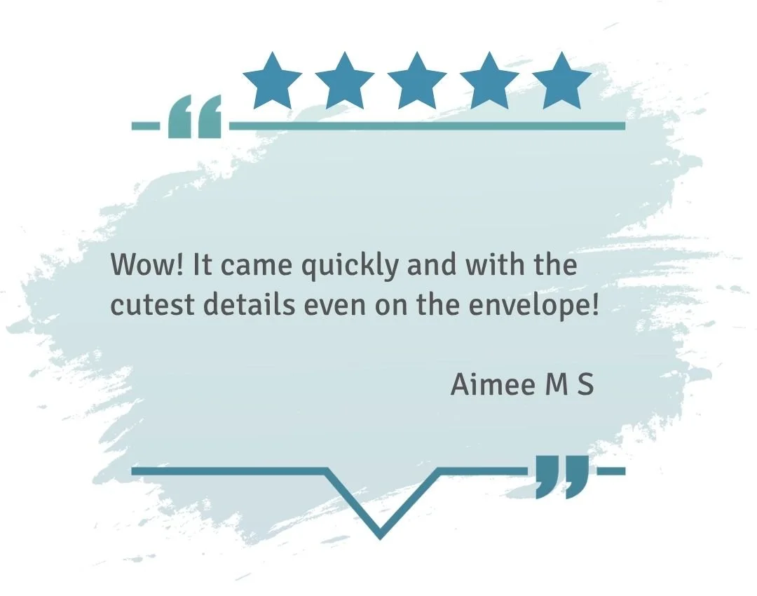 Five-star review highlighting quick delivery and charming details, including decorated envelope and thoughtful presentation