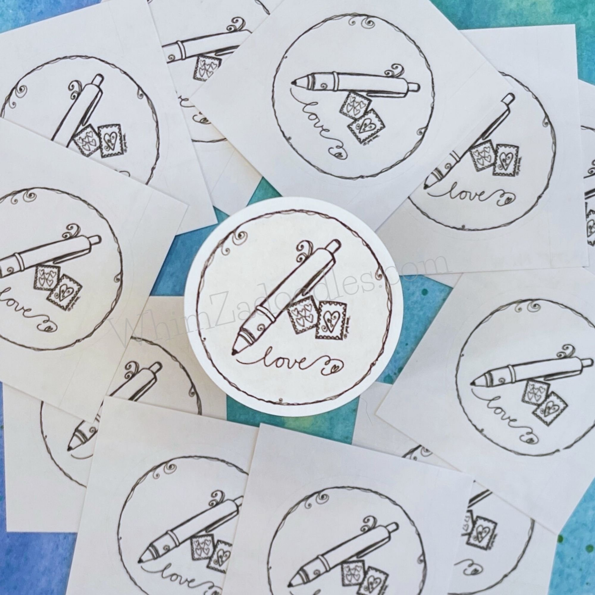 Single envelope seal centered in focus with matching seals softly blurred behind creating layered stationery displa