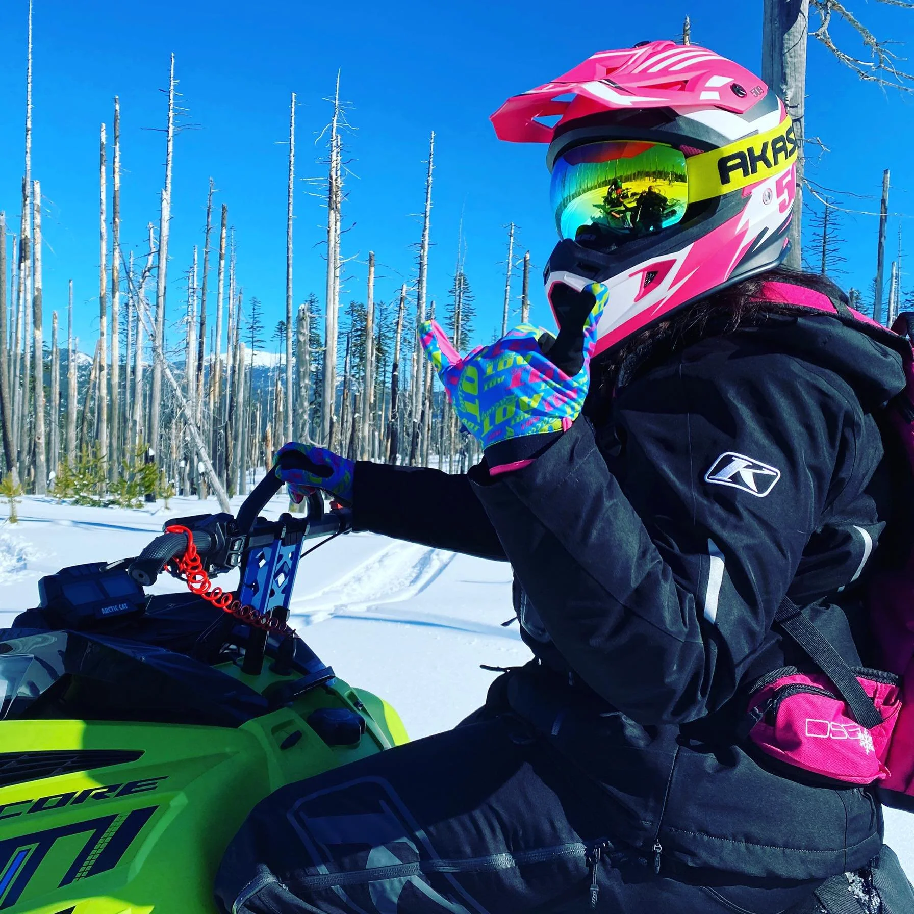 A person dressed in black winter gear, including a pink helmet with yellow goggles, riding a green snowmobile in a snowy landscape with leafless trees and snow-covered mountains in the background.