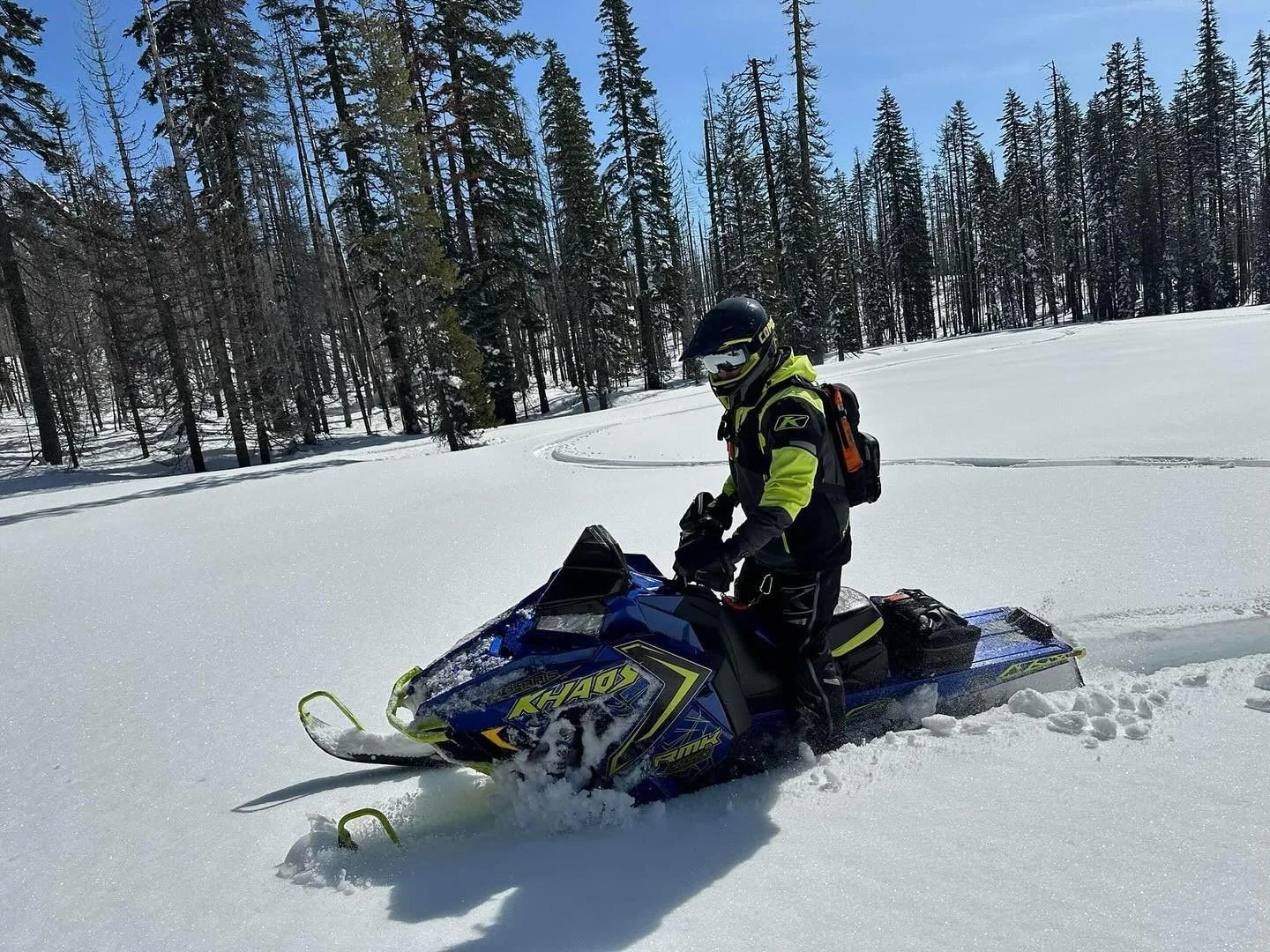 A person wearing a black and yellow jacket, black helmet, and goggles riding a blue snowmobile through snow in a forested area.