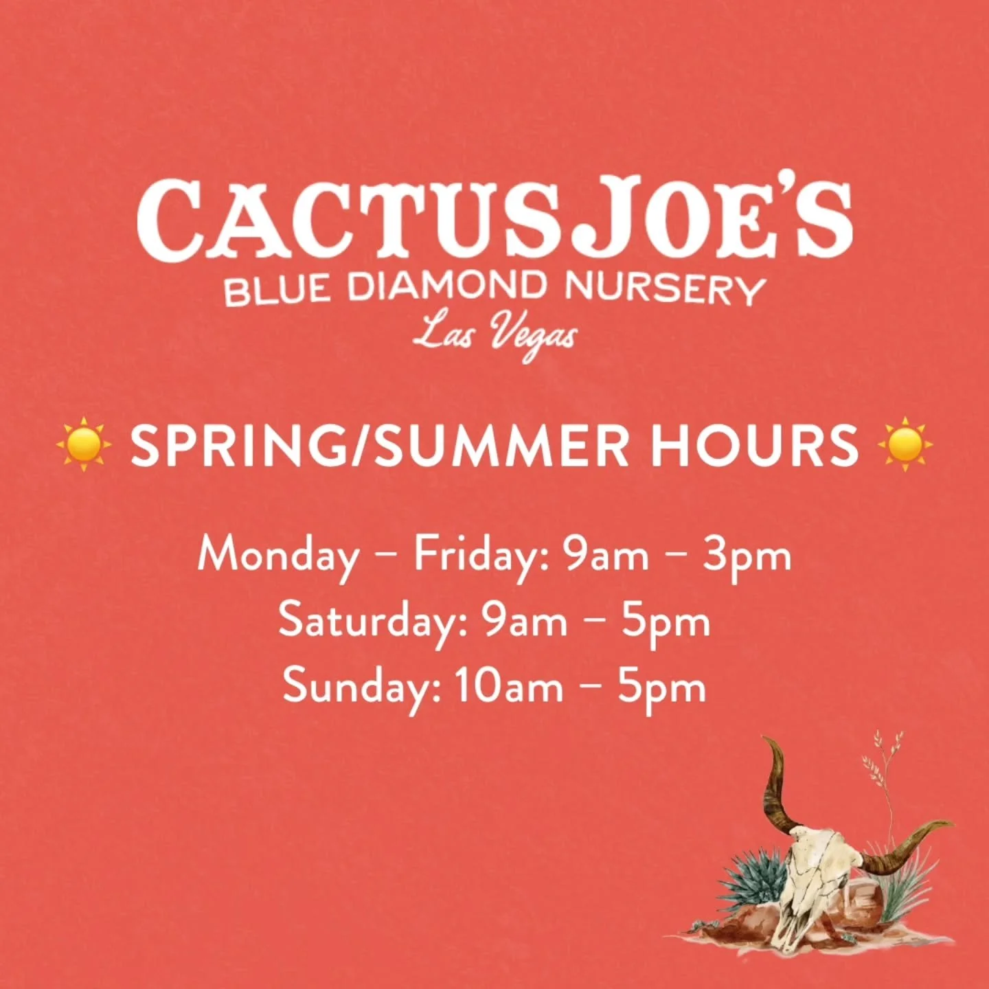 🌸 SPRING HOURS START NOW! 🌸
Longer days mean more time to explore! We've extended our hours for spring so you can enjoy even more time wandering our desert sanctuary.

NEW SPRING HOURS:
🌵 Monday-Friday: 9am-3pm
 🌵 Saturday: 9am-5pm
 🌵 Sunday: 10