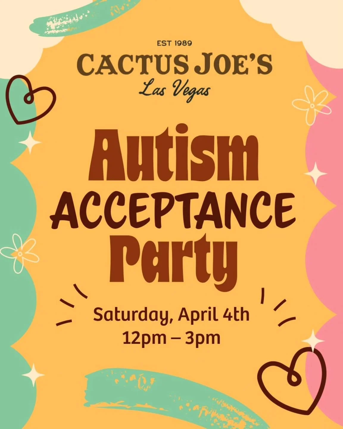 💙 HAPPENING TODAY! Autism Acceptance Party 💙
Saturday, April 4th, 12PM &ndash; 3PM 

Join us for a fun, inclusive afternoon celebrating acceptance and community at Cactus Joe's!

 🎨 Activities &amp; Crafts
 🎮 Games
 🍕 Food &amp; Snacks
 ✨ Sensor