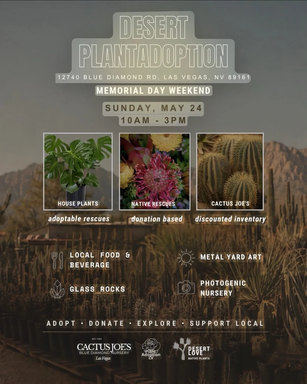 🌵✨Join us Sunday, May 24 from 10AM&ndash;3PM for a special Desert Plant Adoption event at Cactus Joe&rsquo;s Nursery in Las Vegas!✨🌵

Come shop with purpose while supporting local organizations:
 🌿 Plant Adoption LV
 🌵 Desert Love Native Plants
 