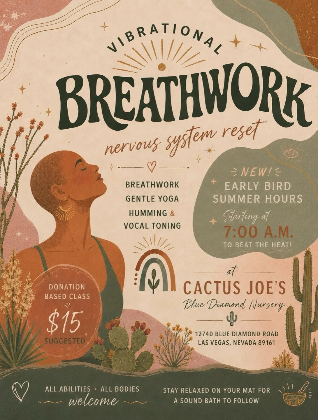 ☀️ NEW EARLY BIRD SUMMER HOURS ☀️

We&rsquo;re moving Nervous System Reset to 7 A.M. for the summer so we can soak in the peaceful desert morning before the Vegas heat kicks in. 🌵

Join us at Cactus Joe&rsquo;s for a grounding blend of:
✨ breathwork