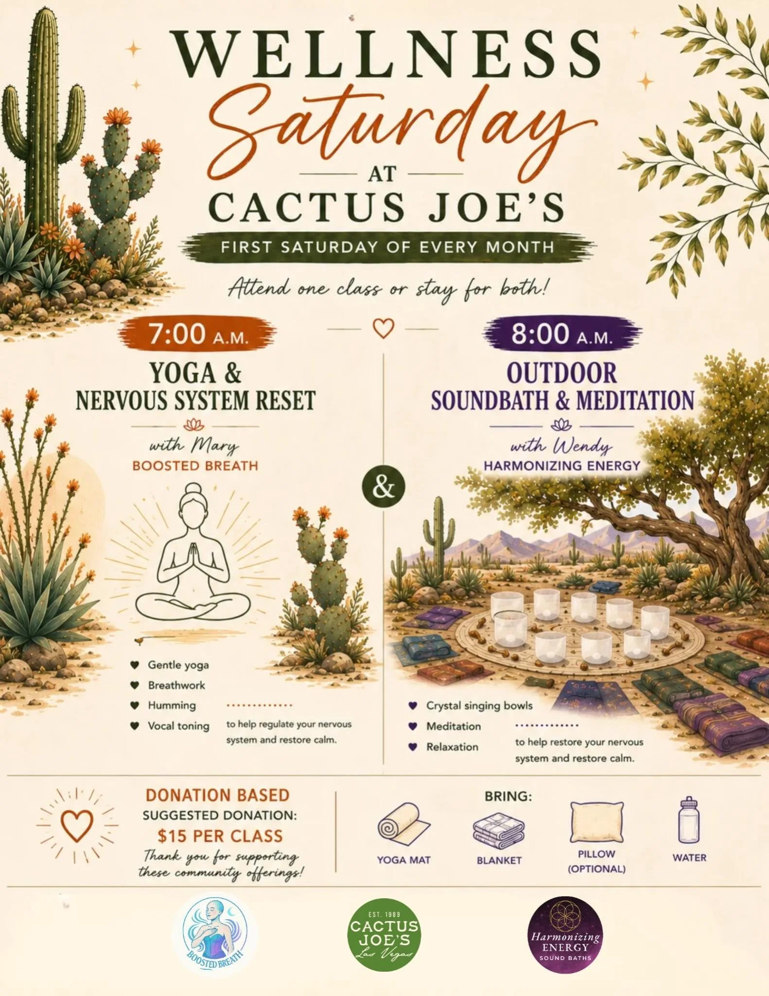 ⚠️ NEW TIME ALERT! Please Check the Flyer ⚠️
🌵 Wellness Saturday at Cactus Joe&rsquo;s 🌵

Join us on the first Saturday of each month for a peaceful morning of movement and sound surrounded by the beauty of the desert garden.
🧘&zwj;♀️ Yoga at 7:00